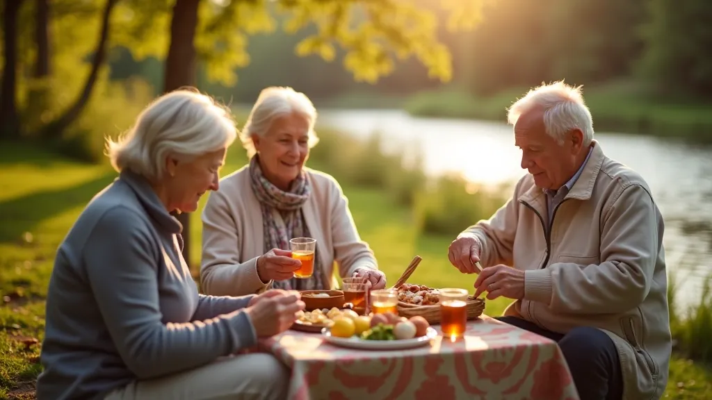 Skupina seniorů si užívá piknik u řeky Vltavy s košíkem jídla a teplými nápoji