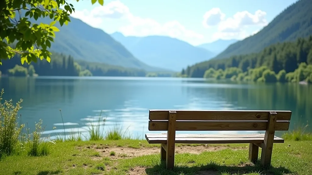 Lavička s výhledem na jezero a hory, ideální místo k odpočinku